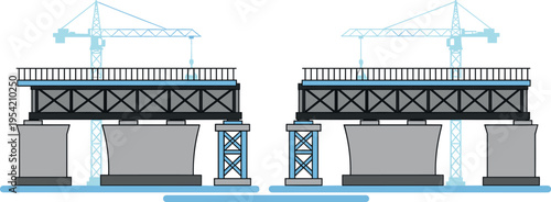 An illustration of two bridges under construction with cranes and pillars