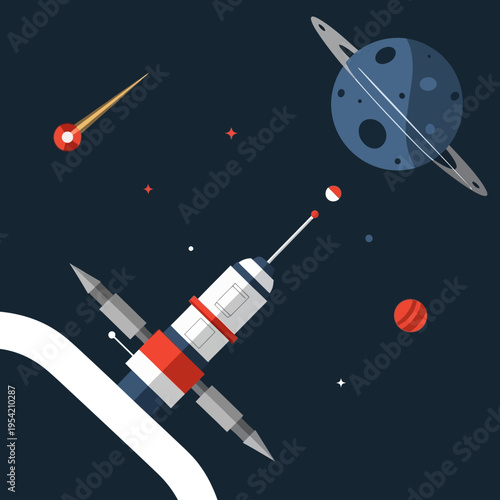 Futuristic Spaceship Navigates Cosmic Nebula Near Ringed Planet and Comet