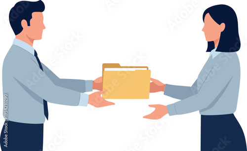 Business colleagues exchanging a file folder in a professional setting