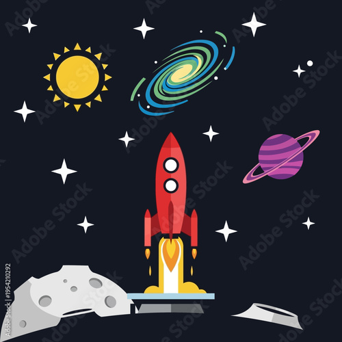 Red rocket launching into colorful galaxy with sun, planet, and stars in deep space