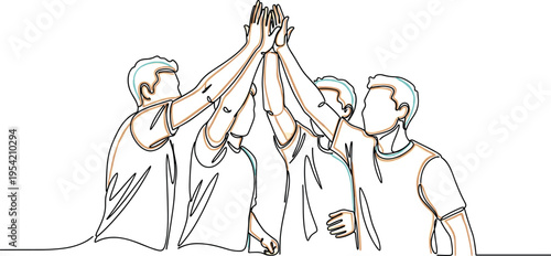 Four people stacking their hands together in a symbol of teamwork and unity