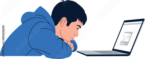 A young man in a blue hoodie intensely looking at a laptop screen