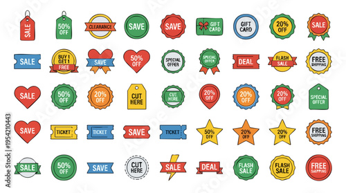 Collection of colorful sale and discount tags with labels indicating special offers, percentages off, and shopping promotions for retail advertising and marketing