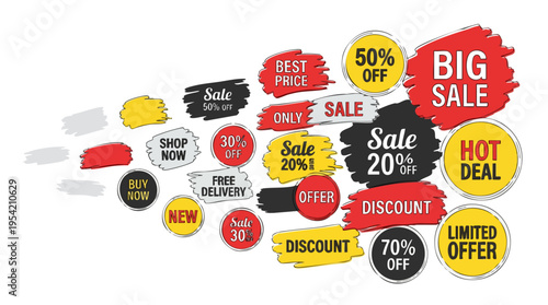 Collection of colorful sale banners and discount labels for shopping and promotional offers