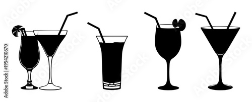 Cocktail set with silhouette design featuring drinks, alcohol, beverages with glassware and simple shapes