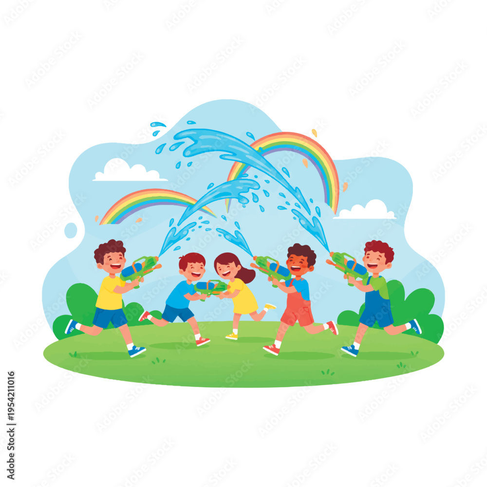 Naklejka premium Happy diverse children playing with water guns outdoors under a rainbow. Fun summer activity, backyard water fight, and childhood joy concept. Flat vector illustration of kids having summer fun.