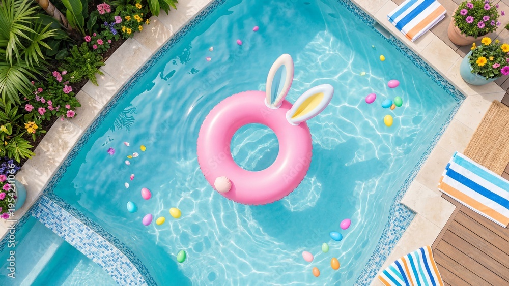 Fototapeta premium Inflatable pink bunny float in blue swimming pool with colorful Easter eggs. Poolside easter holiday setup surrounded by plants and towels. Summer fun and relaxation concept
