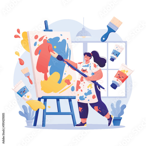 Young female artist painting on canvas in an art studio. Creative hobby, inspiration, and art education concept. Flat vector illustration of a girl in a messy apron with brushes and paints.