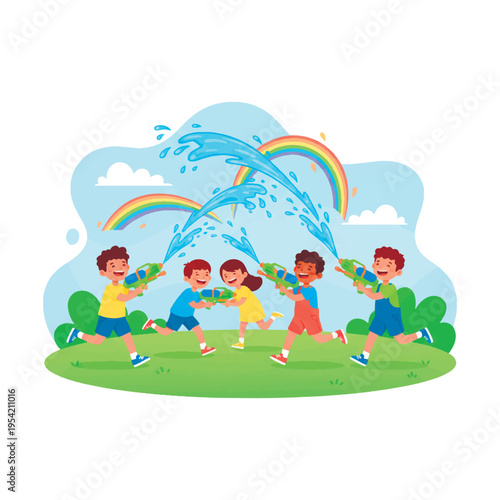 Happy diverse children playing with water guns outdoors under a rainbow. Fun summer activity, backyard water fight, and childhood joy concept. Flat vector illustration of kids having summer fun.