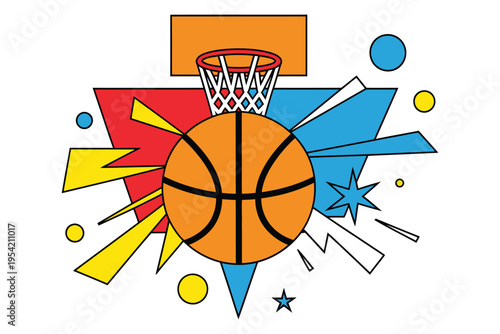 Vibrant vector illustration of orange basketball in front of hoop and net surrounded by colorful abstract shapes dynamic sports concept energy motion design
