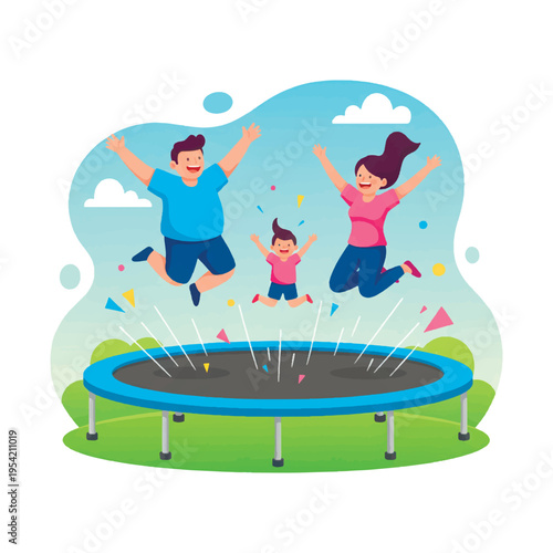 Happy family with a child jumping on a trampoline outdoors. Fun summer activity, healthy lifestyle, and childhood joy concept. Flat vector illustration of parents and kid having fun together.