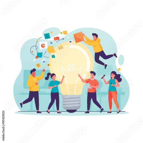 Creative team brainstorming around a giant light bulb. Concept of big idea, innovation, teamwork, and startup success. Flat vector illustration of people collaborating on a business project.