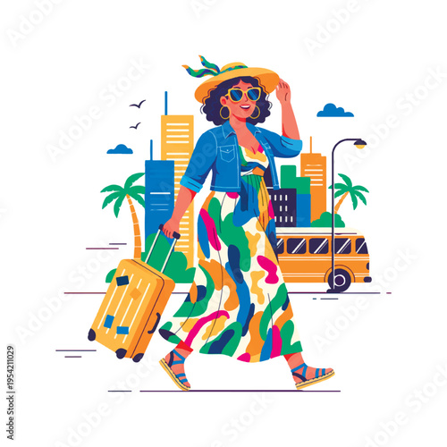 Fashionable woman traveling in a city with a suitcase. Concept of summer vacation, tourism, and solo travel. Flat vector illustration of a happy girl in a sun hat walking through a resort town.