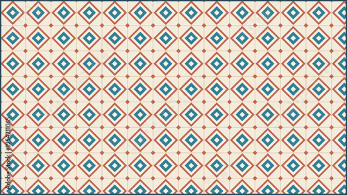 Vintage geometric pattern with blue and terracotta diamond shapes, seamless retro tile background vector, classic mediterranean mosaic ornament for interior decor and textile design