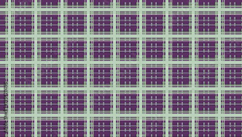 Seamless vector plaid pattern with a grid of thin light green horizontal and vertical lines creating squares on a dark purple background, ideal for fabric, textile, fashion