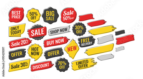 Collection of promotional sale tags and banners for advertising and marketing campaigns
