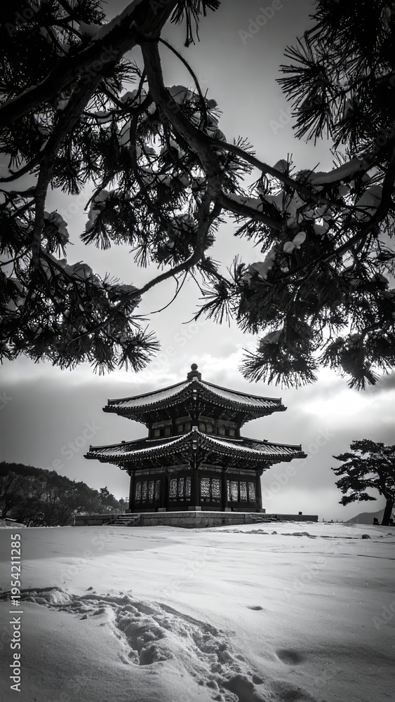 Obraz premium Majestic Korean Bell Tower in Winter: A Captivating Monochromatic Landscape