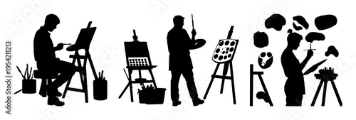 Paint palette artist silhouette set with stylized black and white illustration featuring artist, palette, brushes with composition and line art