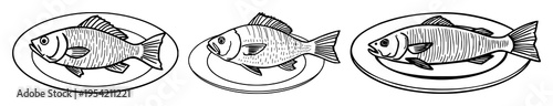 Fish on a plate icon set with simple line art design featuring seafood, food, restaurant with dinner and gourmet