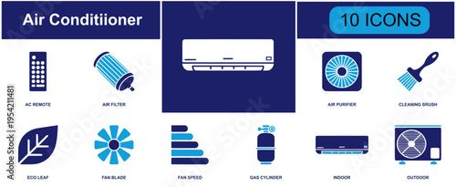 Cooling system icon set. Containing AC remote, air filter, purifier, fan blade, indoor unit, outdoor unit, snowflake, thermometer, repair, wall AC and more. Solid vector icons collection.