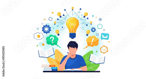 Illustration of a person brainstorming with a lightbulb and question marks.
