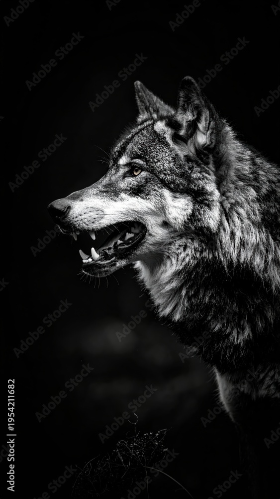 Fototapeta premium Dramatic monochrome portrait of a wolf, evoking power and mystery in darkness