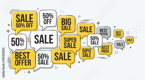 Collection of sale signs and discount labels with promotional offers on retail advertising or shopping sales themes