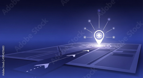 Digital Map with Location Pin and Network Connections in Blue Tones.