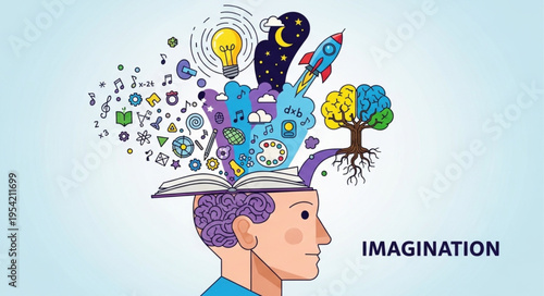 Conceptual Illustration of Imagination - A Mind Overflowing with Creative Ideas and Possibilities.