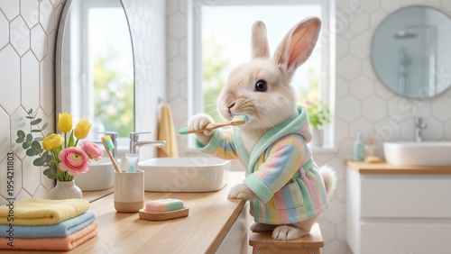 Cute white bunny rabbit in colorful robe brushing teeth at bathroom sink. Adorable anthropomorphic animal performing daily hygiene routine. Morning dental care concept for kids and fun grooming