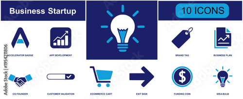 Startup business icon set. Containing accelerator, funding coin, idea bulb, investor handshake, rocket, market research, team collaboration and more. Solid vector icons collection.