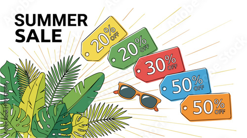 Colorful discount price tags with sunglasses amid tropical leaves for sale or promotional advertising concepts