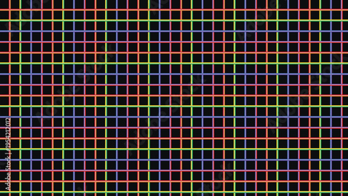Abstract seamless grid pattern vector background with horizontal lines in vibrant neon colors like orange, green, and purple on a dark black backdrop, ideal for modern digital design, technology