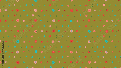 Abstract seamless vector pattern featuring small, irregularly shaped dots and circles in shades of red, pink, and teal, scattered across an olive green background, ideal for modern textile