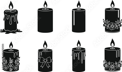 Black Candle Silhouette Set, Decorative Floral Wax Candles, Burning Flame Icons, Scented Candle Vector Collection, Bow and Flower Ornament Details, Isolated