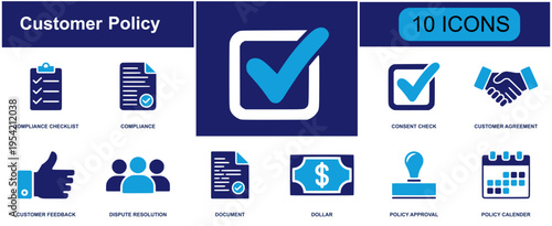 Customer service policy icon set. Containing checklist, consent, agreement, document, approval, privacy, security, shipping, warranty, legal shield and more. Solid fill vector icons collection.