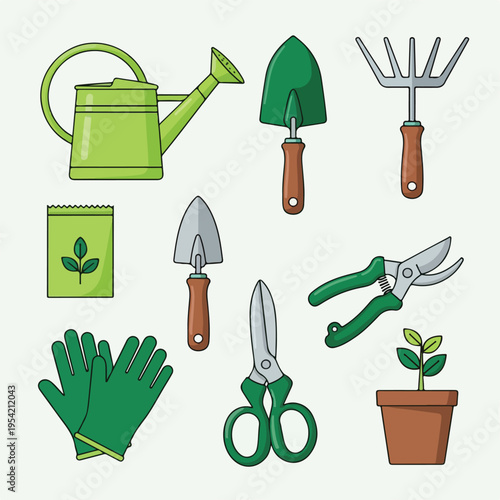 Collection of gardening tools watering can, trowels, rake, scissors, and more