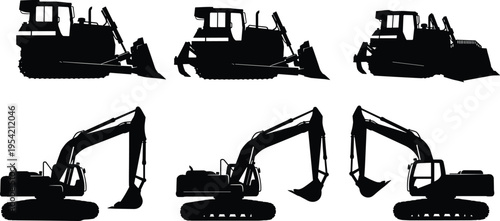 Black Excavator and Bulldozer Silhouette Set, Heavy Construction Machinery Vector, Industrial Digging Equipment Icons, Earthmoving Vehicles Collection, Isolated Construction Graphics