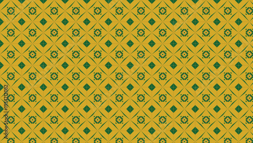 Seamless geometric pattern vector with alternating dark green diamond shapes and circular motifs on a mustard yellow background, ideal for fabric, wallpaper, digital paper, and textile design