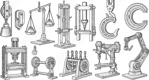 Vintage Industrial Machinery Set, Mechanical Engineering Tools, Retro Factory Equipment, Engraving Style Vector, Robotic Arm and Gears, Antique Science Apparatus, Isolated