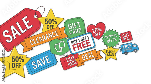 Colorful sale and discount signs with tags and offers for retail shopping and promotional marketing campaigns