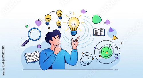 Conceptual Idea Generation - Man Surrounded by Light Bulbs and Research Symbols.