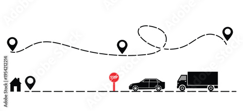 Delivery route map with location pins and transport icons vector illustration.