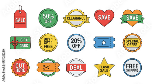 Colorful sale and discount tags set with promotional labels for shopping and marketing campaigns