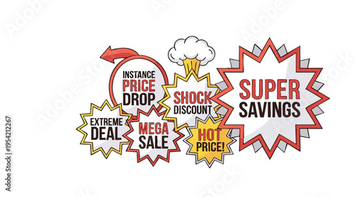 Colorful sale promotional signs with words like super savings hot price shock discount mega deal and price drop on black background