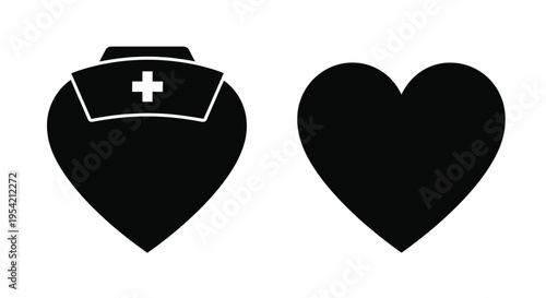 Nurse cap and heart shapes a symbol of caring black silhouette
