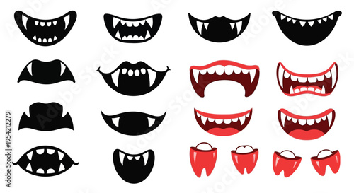 A collection of cartoon vampire mouths and teeth a striking silhouette