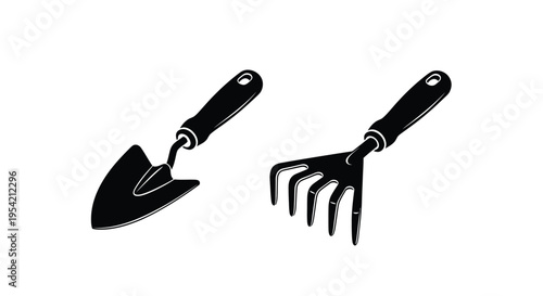 Two gardening tools a trowel and a hand rake in black silhouette