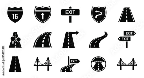 Collection of black road signs and highway elements a graphic silhouette