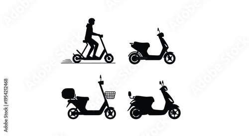 Four scooters and a rider depicted in a stark black silhouette